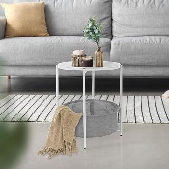 Mesa Auxiliar Redonda Ø 46 x Al 51 cm Blanca de Metal con Cesta de Tela y Bandeja Extraíble, Velador con Almacenamiento, Mueble de Diseño Moderno