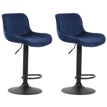 Juego de 2 Taburetes de Bar Lentini en Terciopelo Azul, Sillas Giratorias de Cocina Acolchadas con Reposapiés, Color del Marco: Negro