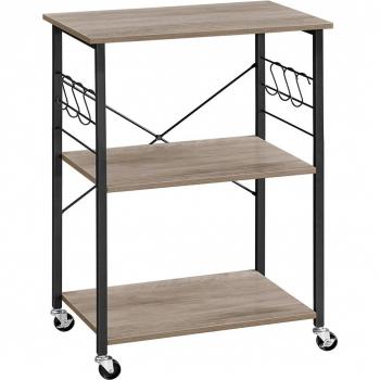 Carrito de Servicio con Ruedas, Estantería de Cocina de 3 Niveles para Microondas, Horno y Tostadora, Marco de Metal con 6 Ganchos, Versátil y Portátil
