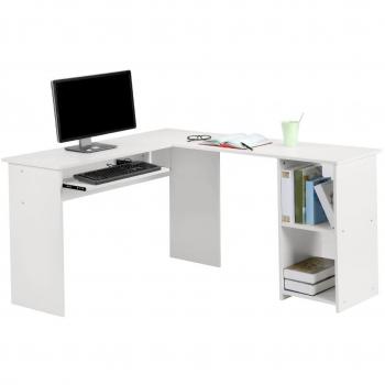 LANGRIA Escritorio de Esquina en Forma de L con Bandeja Deslizante para Teclado de Ordenador y 2 Baldas Inferiores Laterales para Libros Papelería para Habitación Sala de Estudio Oficina