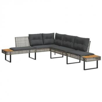 L-Shaped Garden Sofa with Cushions Grey Poly Rattan and Acacia