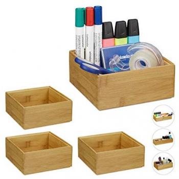 Set de 4 Cajas de Almacenaje Apilables de Bambú, Diseño Natural, Organizador para Cocina y Baño, 6.5 x 15 x 15 cm