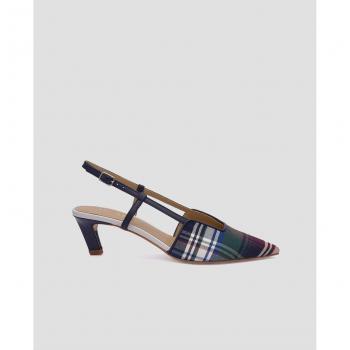Zapato destalonado en piel con cuadros multicolor y tacón fino de 5 cm.