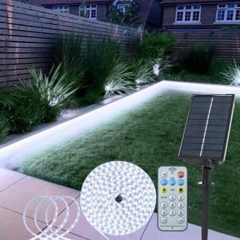 Tira LED Solar 10m 100W 6500K Luz Fría 1000 Lúmenes IP65 con Control Remoto