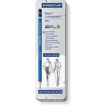 Staedtler Mars Lumograph 100 - Lápiz de grafito, estuche metálico de 6 lápices, graduaciones surtidas del 8B al HB