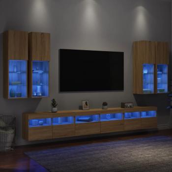 Mueble de Pared para TV 7 Piezas con Luces LED en Roble Sonoma