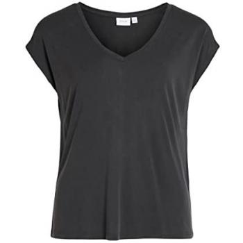 Camiseta Vila Modala negra de pico manga corta relajada para mujer - Talla XS