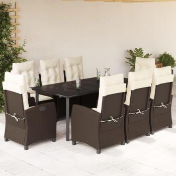 9-Piece Brown Poly Rattan Garden Dining Set with Cushions