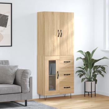 Aparador alto de madera contrachapada color roble 69,5x34x180 cm con 1 puerta de cristal y 3 cajones, mueble de almacenaje para salón