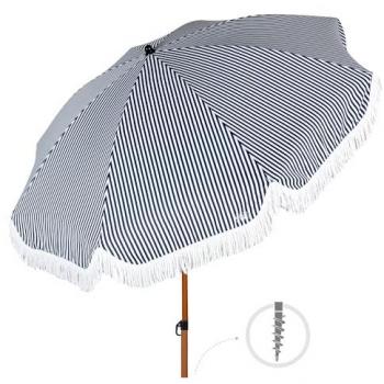 Sombrilla de Playa Grande AKTIVE 200 cm, Protección UV30, Mástil Aluminio Efecto Madera, Inclinable y Regulable en Altura, Diseño Marinero con Flecos