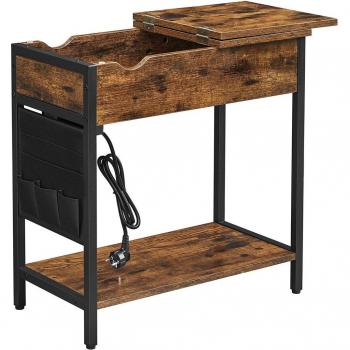 Mesa Auxiliar Vintage con Enchufes y Puerto USB, Tablero Plegable, Estante Inferior y Bolsa de Tela, Color Marrón/Negro, para Salón y Dormitorio