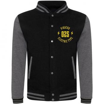 Chaqueta Varsity Pokémon Pikachu para Hombre, Talla XL, Color Negro/Gris Jaspeado, 50% Algodón, 50% Poliéster