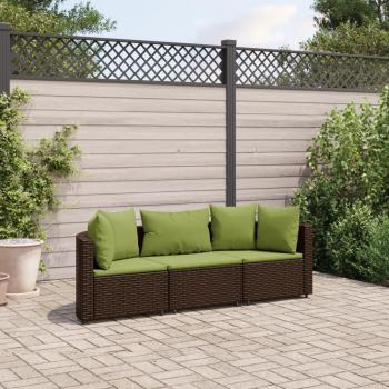 3-Piece Brown Poly Rattan Garden Sofa Set with Cushions
