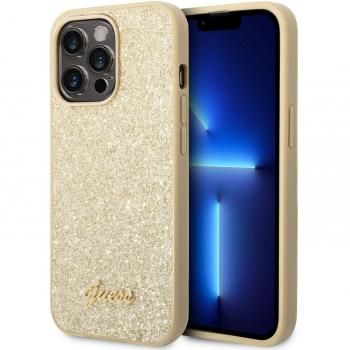 Funda Glitter Flakes de Guess para iPhone 14 Pro Max - Dorado con Logo Metálico