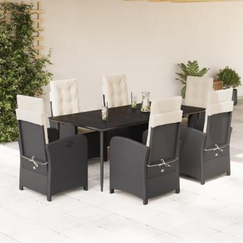 7-Piece Black Poly Rattan Garden Dining Set with Cushions