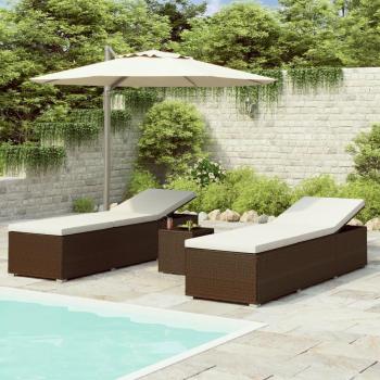 3-Piece Brown Poly Rattan Garden Sun Loungers with Tea Table