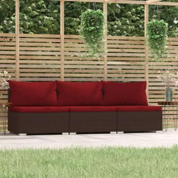 3-Seater Outdoor Sofa with Cushions in Brown Poly Rattan