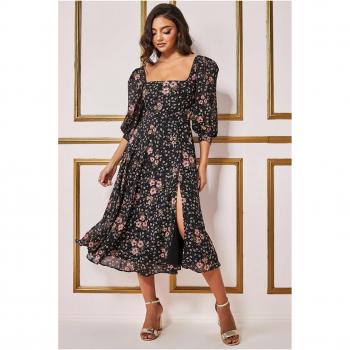 Goddiva Floral Print Shirred Back Midi Dress