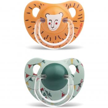 Suavinex León - Pack de 2 chupetes, +18 meses, tetina de silicona, color naranja y verde