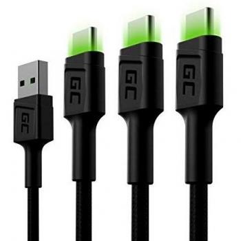 Set de 3 Cables USB-A a USB-C de 1.2 m con Retroiluminación LED Verde, Carga Rápida Ultra Charge QC 3.0