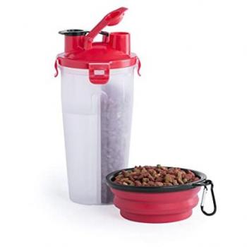 Set Comedero y Bebedero Portátil Plegable para Mascotas, 900ml con 2 Separaciones para Sólido y Líquido, Ø11.3 x 23 cm (Rojo)