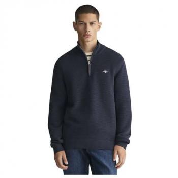 GANT Men's Textured Cotton Half-Zip Sweater in Evening Blue - Size M