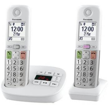 Teléfono Inalámbrico Panasonic KX-TGU43 Duo, 2 Teléfonos, Pantalla Retroiluminada, Linterna, Volumen Amplificado, Bloqueo de Llamadas y Contestador en Blanco y Plata