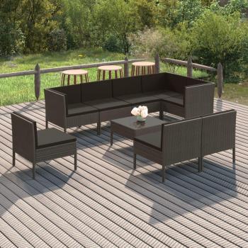 9-Piece Grey Poly Rattan Garden Lounge Set with Cushions