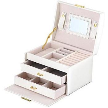 Asvert Caja Joyero Organizador de Joyerías 3 Niveles Cuero con Espejo para Pendientes, Pulseras, Anillos, Almacenamiento y Expositor 17.5x14x13cm, Blanco Perlado