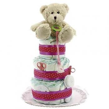 Tarta de pañales de tres pisos Osito con accesorio Rosa - Colores - Rosa