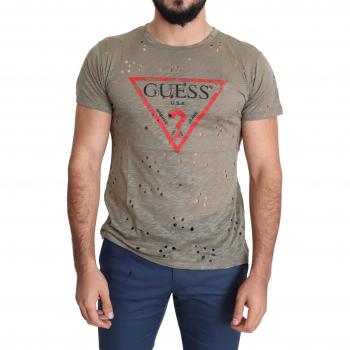 Guess Brown Cotton Stretch Logo Print Men Casual Perforated T-shirt - Size L