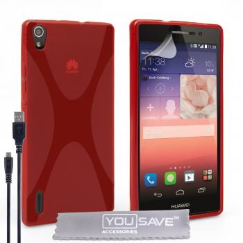 Yousave Accessories X-Linie - Carcasa de silicona para Huawei Ascend P7, con protector de pantalla y cable USB, color rojo