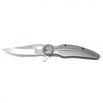 Navaja pluma JKR con apertura automática, hoja de acero inoxidable de 8,4 cm, largo total 19,8 cm, mango de acero inoxidable decorado con motivo indio, modelo JKR0517