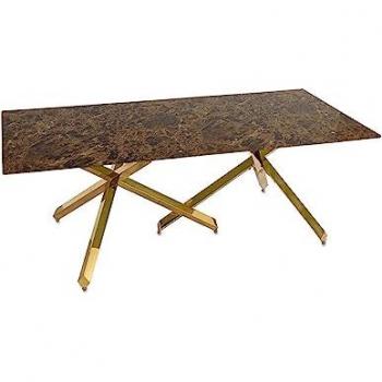 Mesa de Comedor Raffaela 200x76x100 cm con 2 Aspas Doradas y Top de Cristal Acabado Mármol Marrón, Material Acero/Cristal
