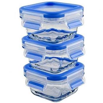 Emsa Clip & Close Set de 3 Conservadores Hermético de Cristal de borosilicato de 0,2 L, higiénico, no retiene olores ni sabores 100% Libre de BPA, Transparente/Azul, 0.2 L
