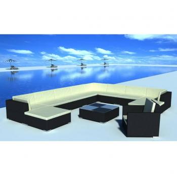 12-Piece Black Poly Rattan Garden Lounge Set with Cushions