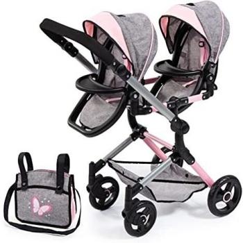 Bayer Design Twin Neo Doll Stroller - Gray/Pink with Butterfly, Adjustable Height and Foldable with Diaper Bag
