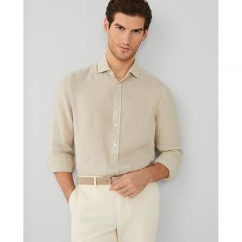 Hackett - Camisa de lino de hombre slim fit teñida en prenda en beige