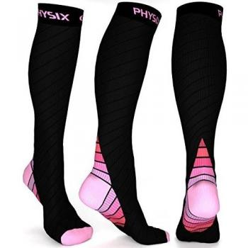 Physix Gear Sport Calcetines de compresión, los Mejores Calcetines compresión Mujer y Hombre para el Dolor de pies y Gemelos, Medias de compresión Hombre y Mujer, 1 par, S/M, Negro/Rosa