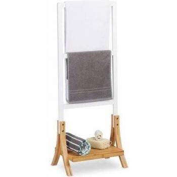 Toallero de Pie con 3 Barras y Repisa, dm y Bambú, Blanco y Marrón, 104 x 41 x 28,5 cm