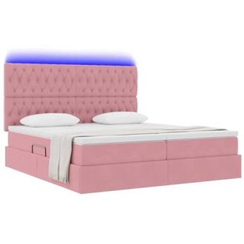 Cama de Almacenamiento con Tiras LED y Colchón Rosa 200 x 200 cm Terciopelo, Diseño Elevable, Ahorra Espacio, Con USB, Elegante