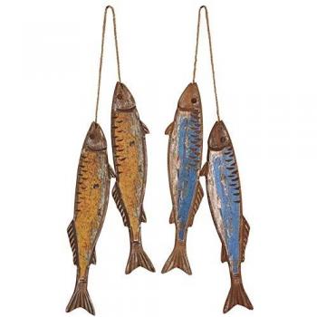 Juego de 2 peces colgantes de madera amarillos y azules