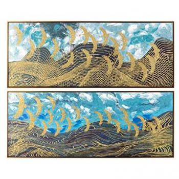 Cabecero de Cama Adda Home Set2 Cuadros Pajaros 150x4x60 Cm - Lienzo, 80% pintado a mano, colores azul, dorado, marrón y blanco