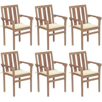 Stackable Garden Chairs with Cushions - Set of 6 Solid Teak Wood