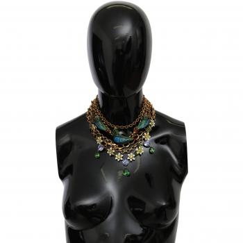 Dolce & Gabbana Gold Parrot Crystal Floral Charm Statement Necklace