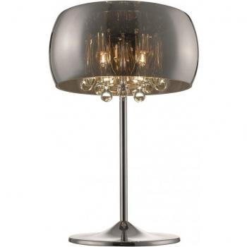 Lámpara de mesa LUDLOW de cromo con 3 luces, pantalla de vidrio ahumado, bombillas G9 y detalles en cobre