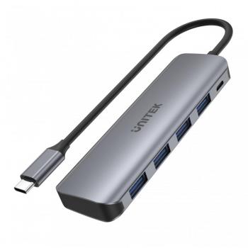 Hub USB-C Unitek Uhub P5+ - 4 Puertos - USB 3.1 Gen1 - 5 Gbps - Carga Rápida - Aluminio Gris