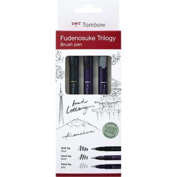 Estuche de 3 rotuladores de caligrafía Tombow Fudenosuke en colores negro y gris