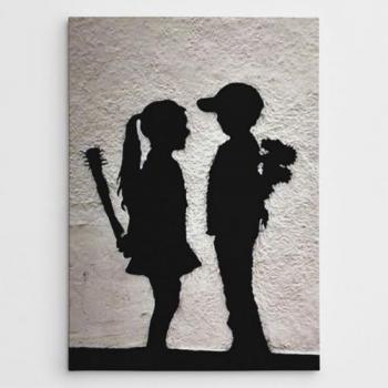Impresión sobre Lienzo Banksy Niños, Poliéster y Madera, 70x3x100 cm, Gris y Negro