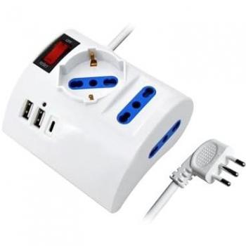 Multipresa de escritorio con 3 salidas AC 10/16A, 2 puertos USB-A, 1 puerto USB-C, interruptor on/off, protección contra sobrecarga, 3500W, cable de 2 m